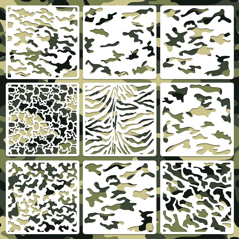 Resflyar 9 PCS 12 Inch Camouflage Stencils, Digital Camo Reusable Plastic Paint Templates for Painting on Wood, Camouflage Stencils House Furniture Fabric Wall Fabric DIY Crafts Decorations - Image 1